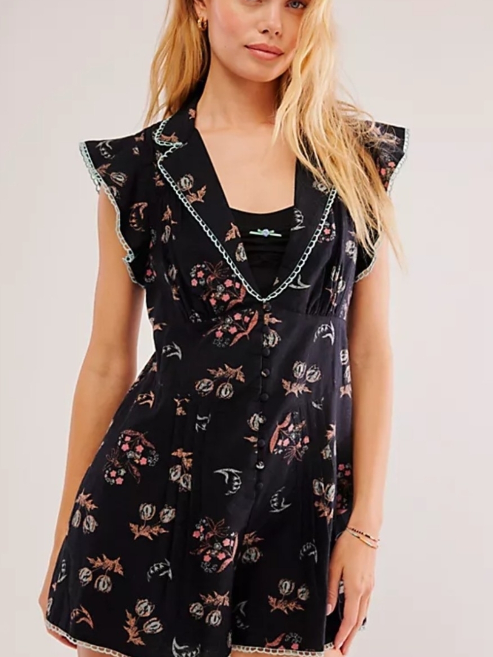 Free People Black Floral Romper with Contrast Trim